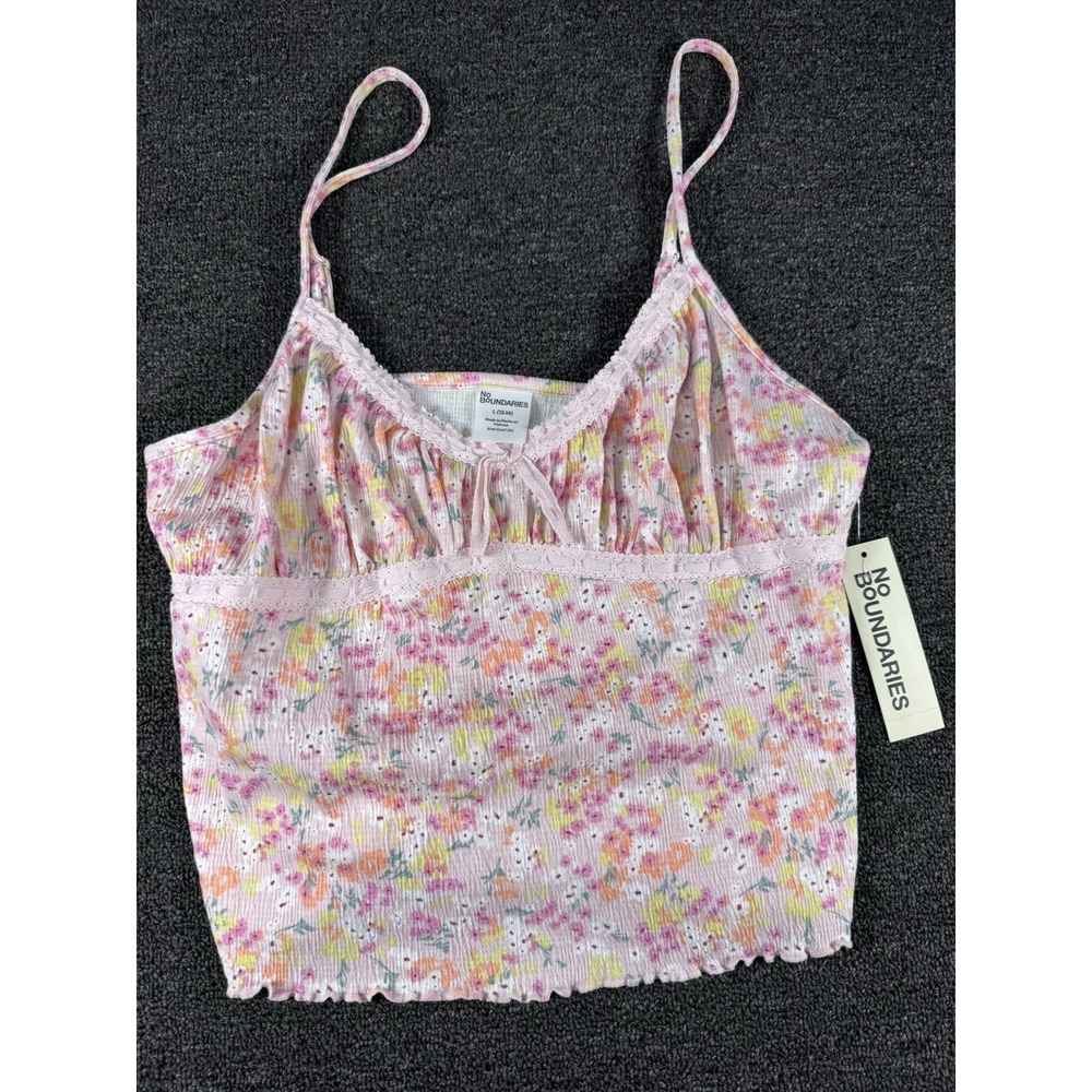 No Boundaries Floral Camisole Tank Top Adjustable Straps Lace Trim Pink L